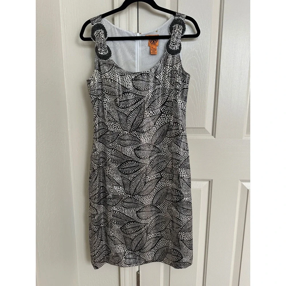 Tory Burch Silk Metallic Dotted‎ Leaf Dress Beaded Straps 8
